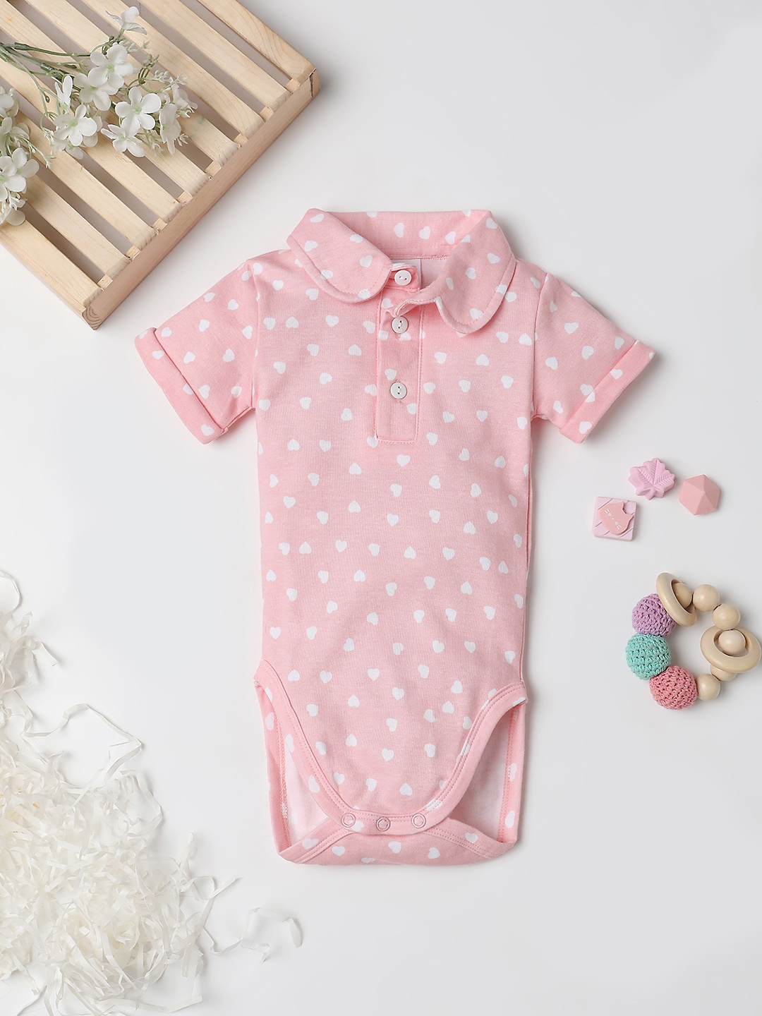 Fancy Fluff Infant Girls Heart Print Peter Pan Collar Knitted Pure Cotton Bodysuit