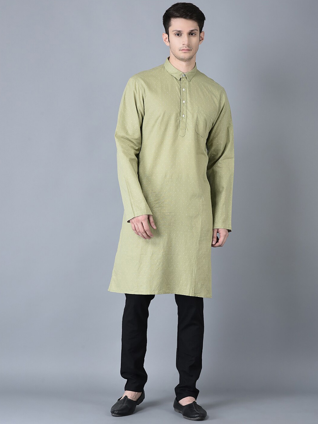 

CANOE Shirt Collar Woven Design Straight Cotton Linen Kurta, Green