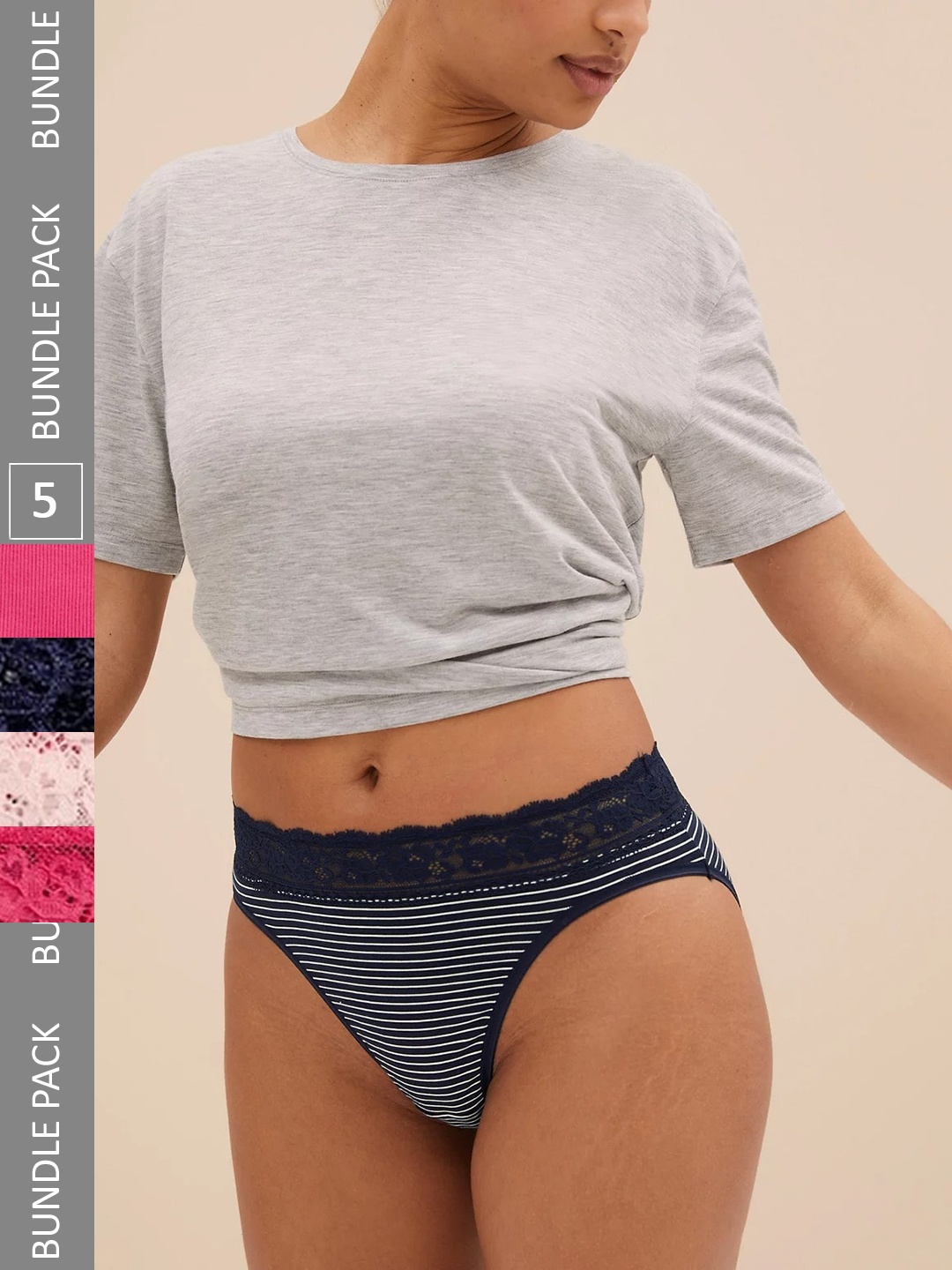 

Marks & Spencer Women Pack Of 5 Assorted Striped Mid-Rise Basic Briefs T612127