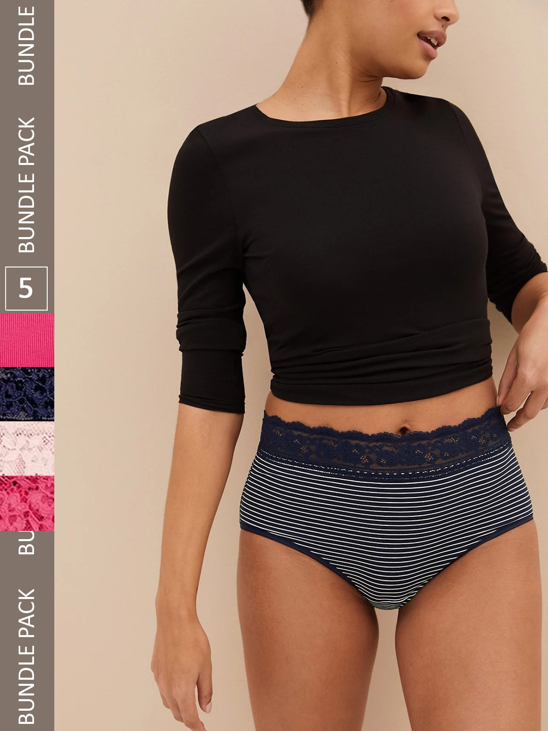 

Marks & Spencer Women Pack Of 5 Assorted Striped High-Rise Lace Basic Briefs T612126