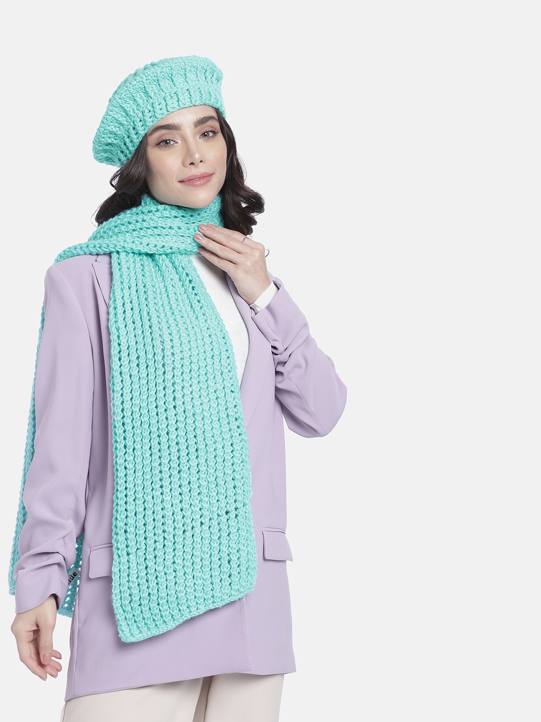 

Magic Needles Women Self Design Beanie With Scarf, Green
