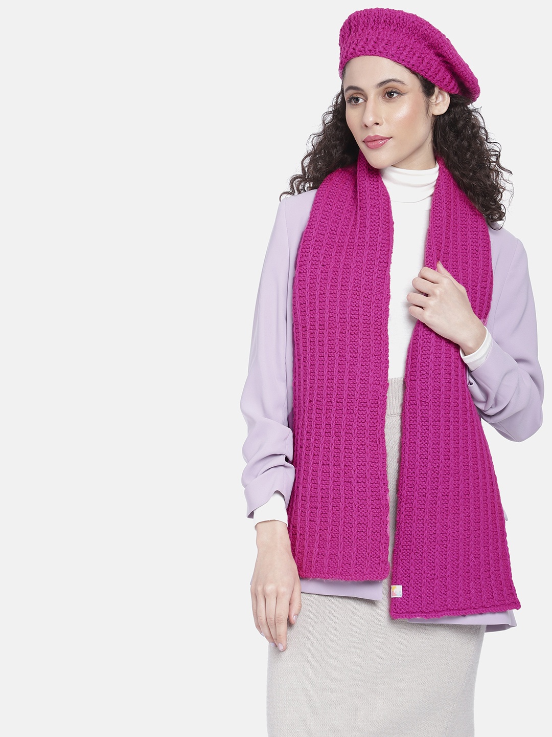 

Magic Needles Women Self Design Beanie With Scarf, Pink