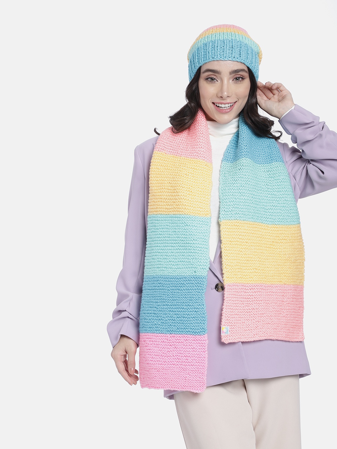

Magic Needles Women Colourblocked Beanie With Scarf, Pink