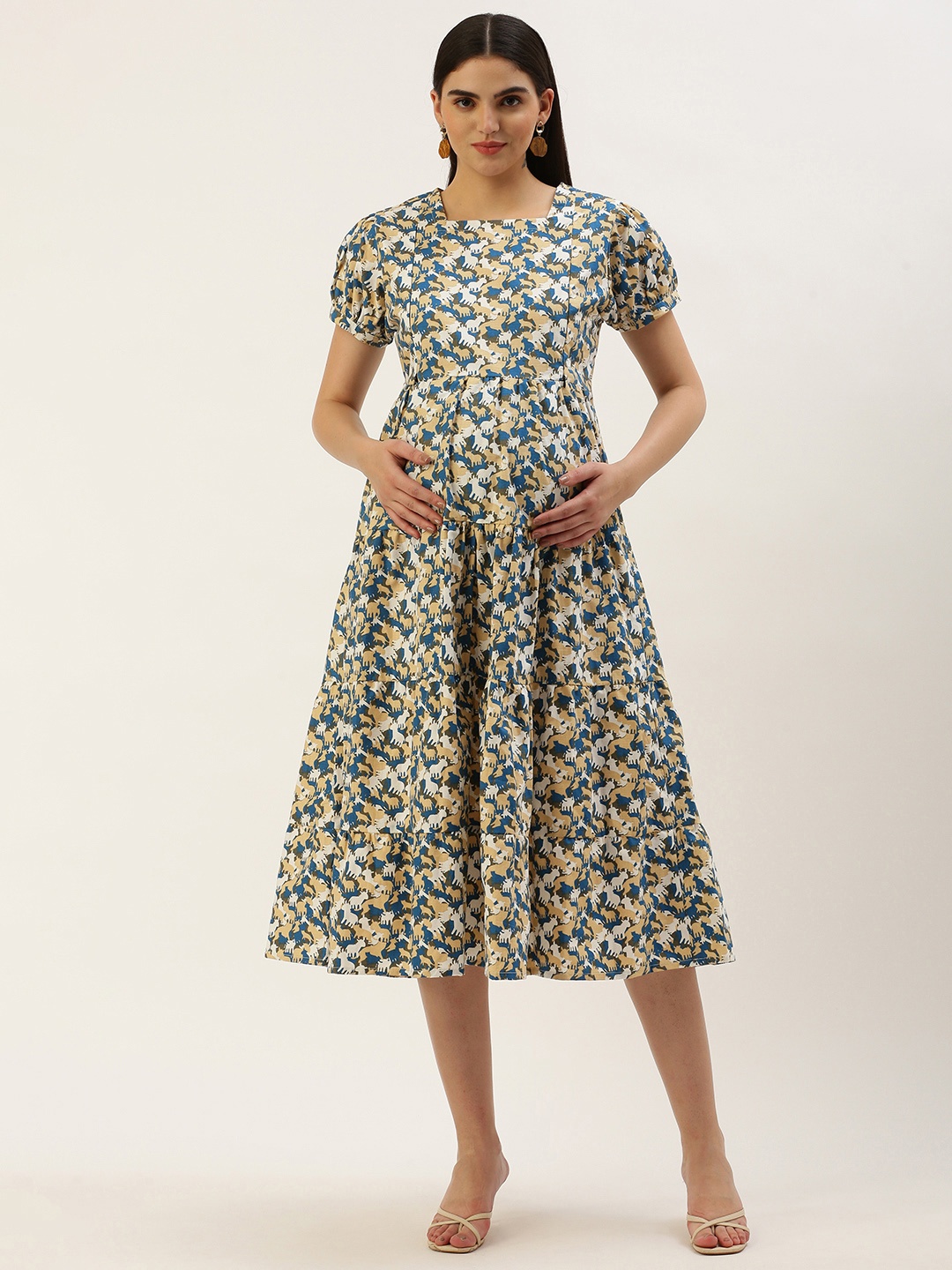 

Nejo Floral Print Puff Sleeve Maternity A-Line Dress, Beige