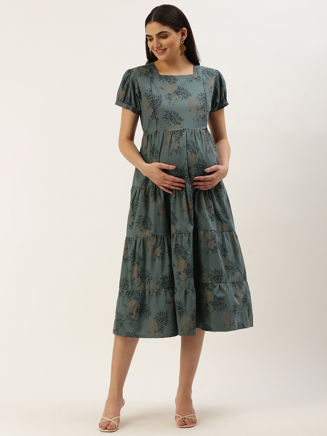 

Nejo Pure Cotton Floral Print Puff Sleeve Maternity A-Line Dress, Olive