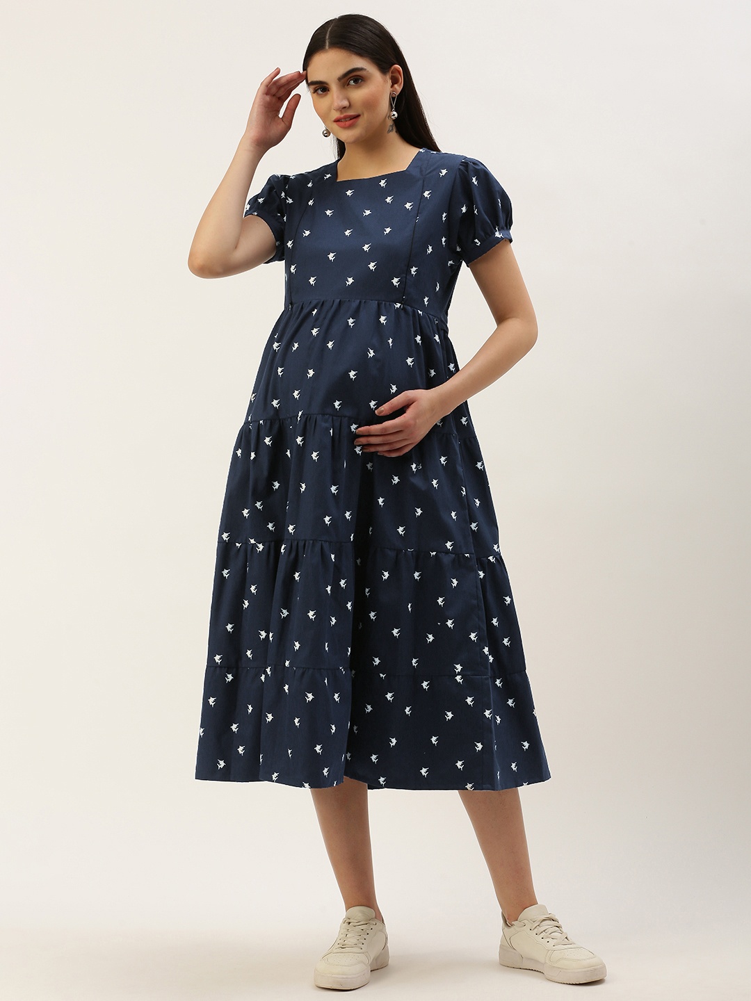 

Nejo Pure Cotton Print Puff Sleeve Maternity A-Line Dress, Navy blue