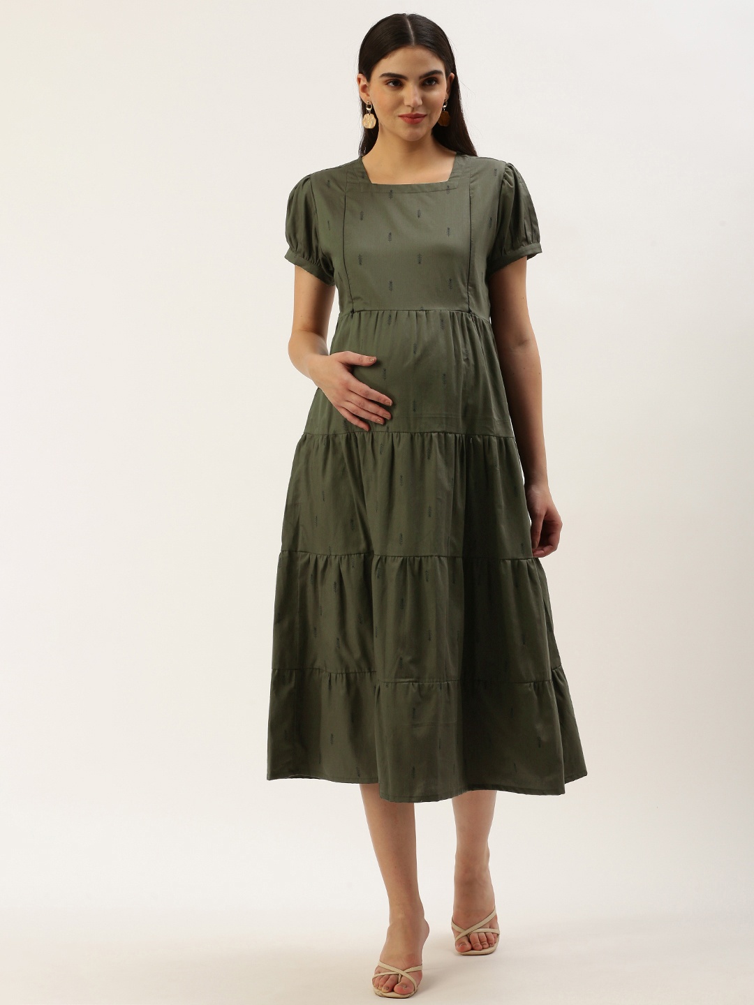 

Nejo Pure Cotton Print Puff Sleeve Maternity A-Line Dress, Green
