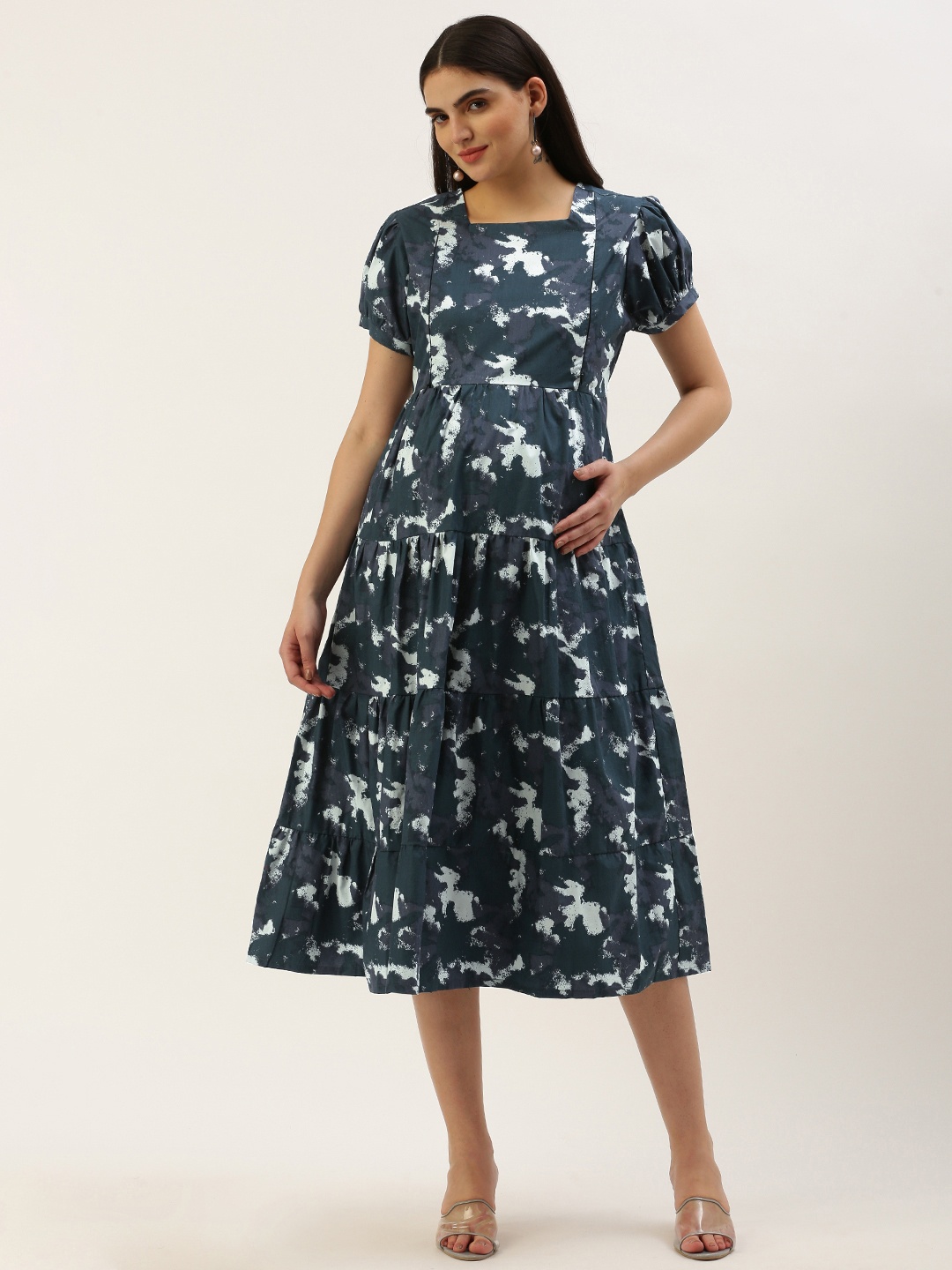 

Nejo Pure Cotton Print Puff Sleeve Maternity A-Line Dress, Blue