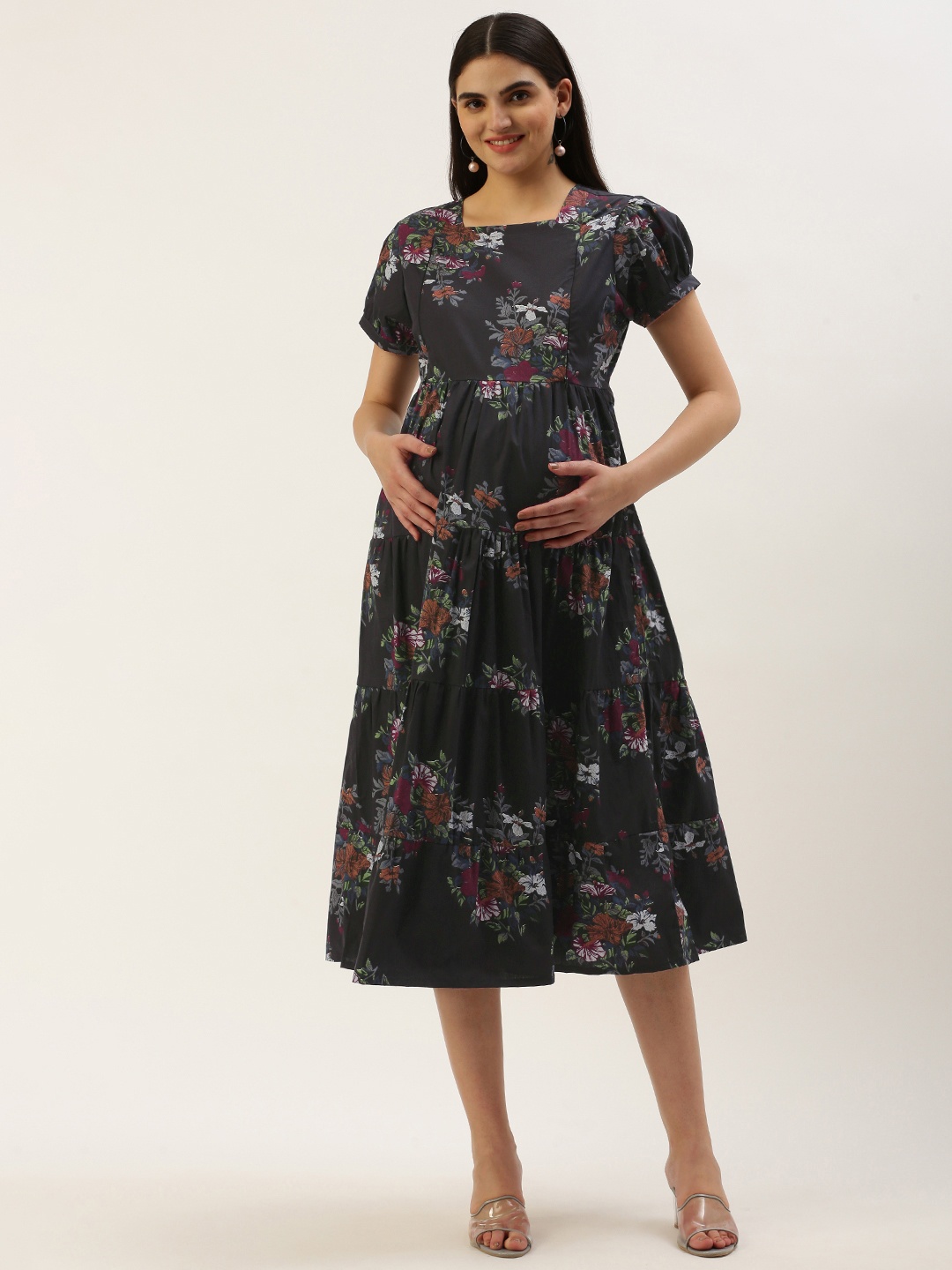 

Nejo Pure Cotton Floral Print Puff Sleeve Maternity A-Line Dress, Black