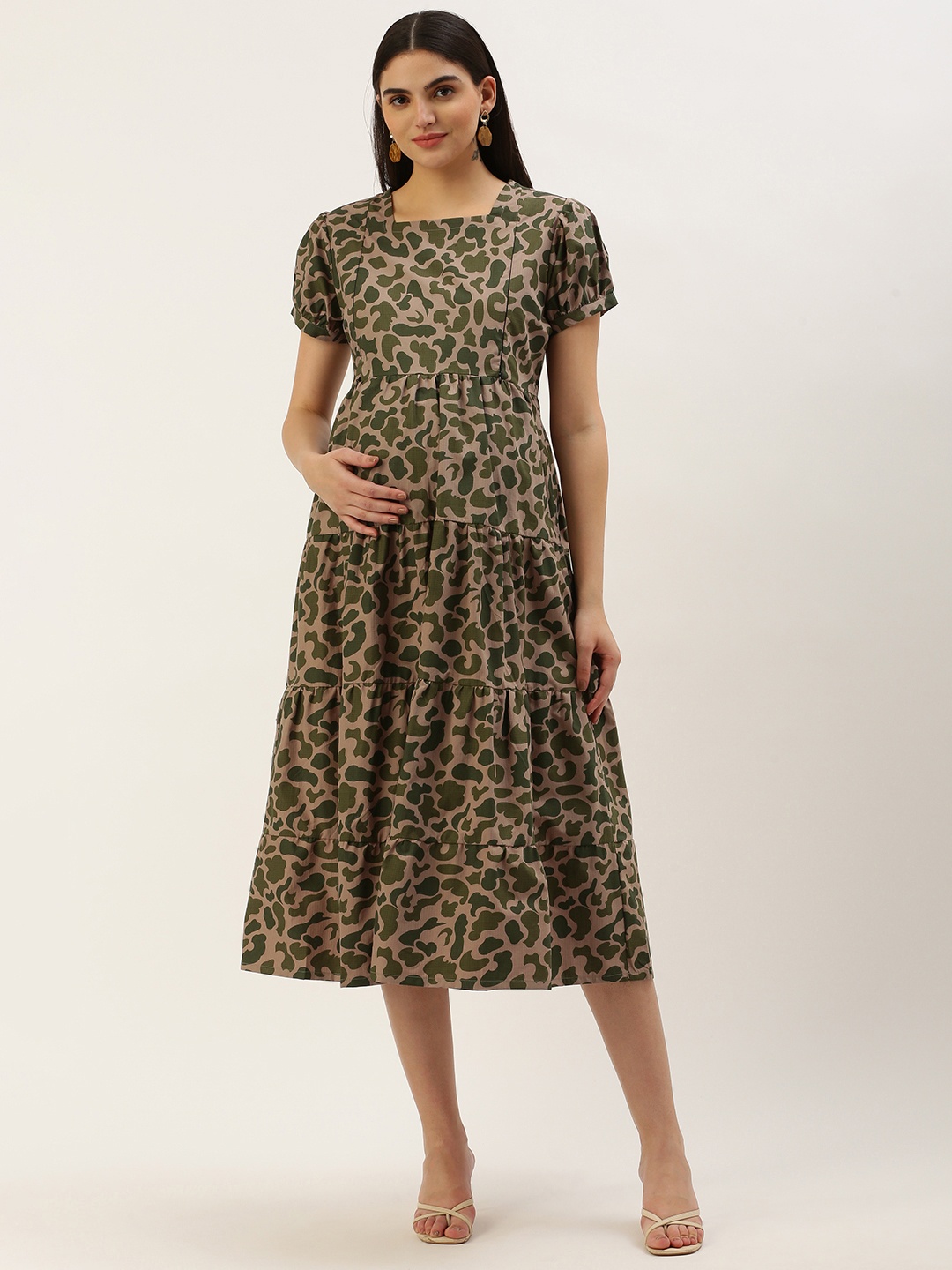 

Nejo Animal Print Puff Sleeve Maternity A-Line Dress, Brown