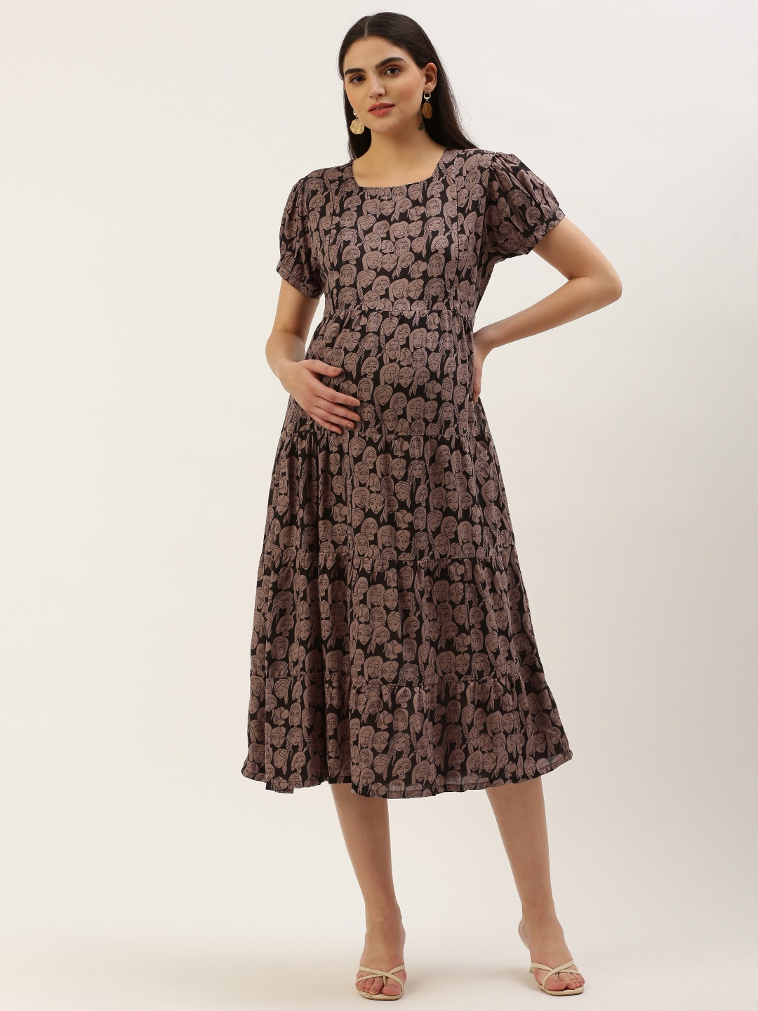 

Nejo Print Puff Sleeve Maternity A-Line Dress, Brown