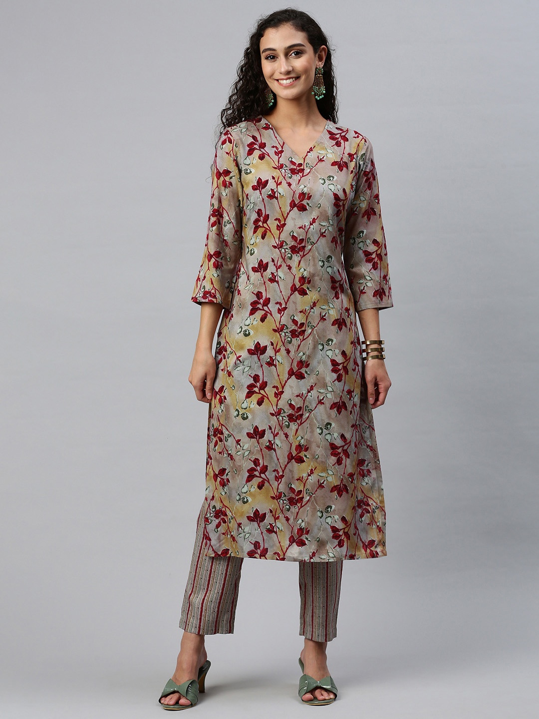 HRITIKA Women Floral Printed Regular Kurta with Trousers, Brown
