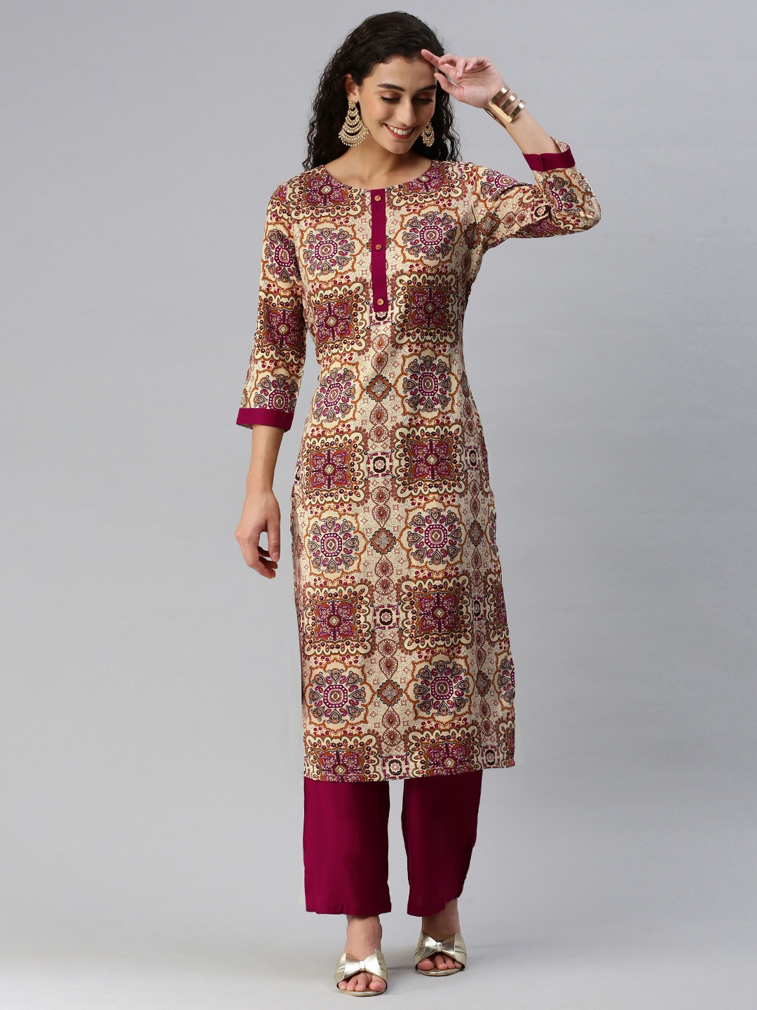 

HRITIKA Women Ethnic Motifs Printed Regular Kurta with Trousers, Beige