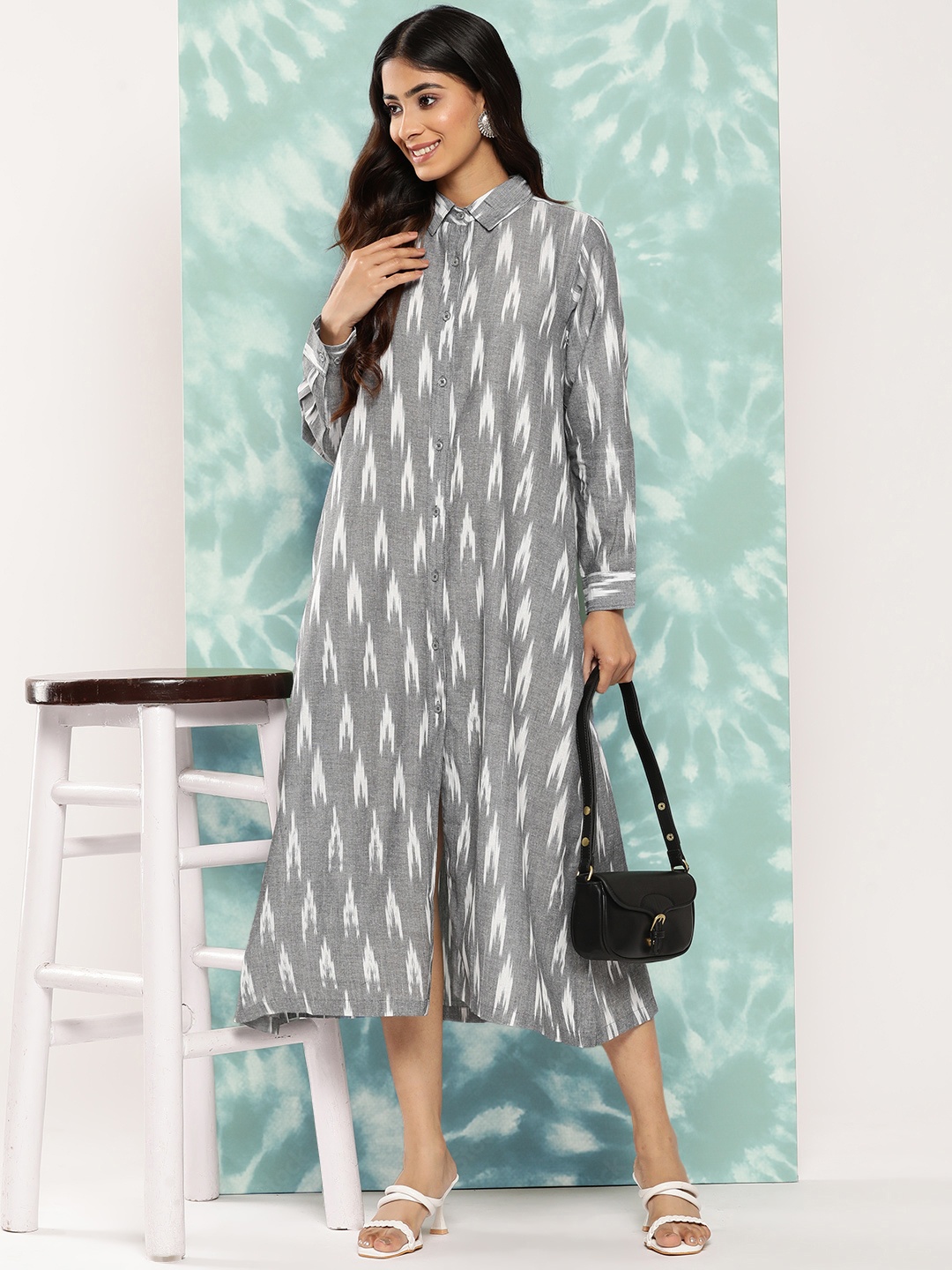 

Varanga Self Design Shirt Style Midi Ethnic Dress, Grey