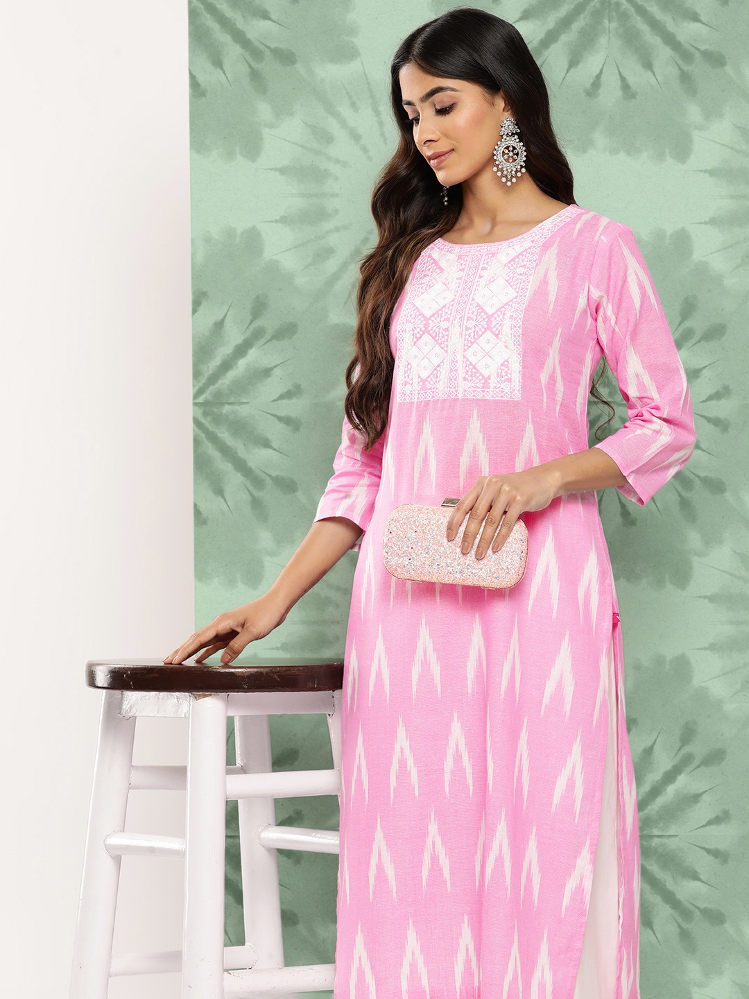 

Varanga Women Geometric Printed Thread Work Pastels Kurta, Pink
