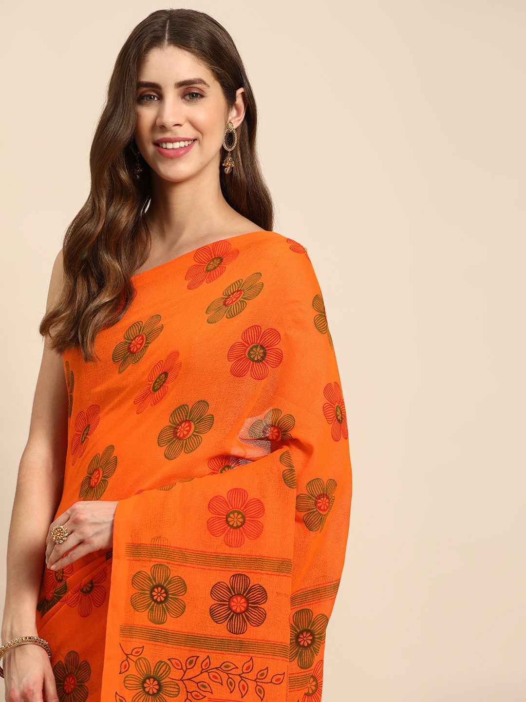 

DESH BIDESH Floral Printed Pure Cotton Taant Saree, Orange