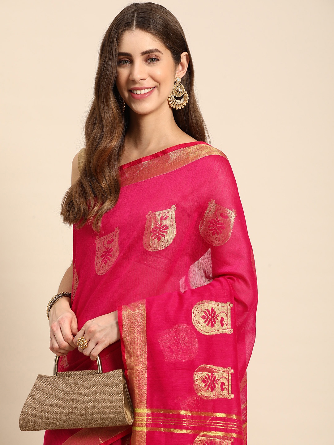 

DESH BIDESH Ethnic Motifs Zari Taant Saree, Pink