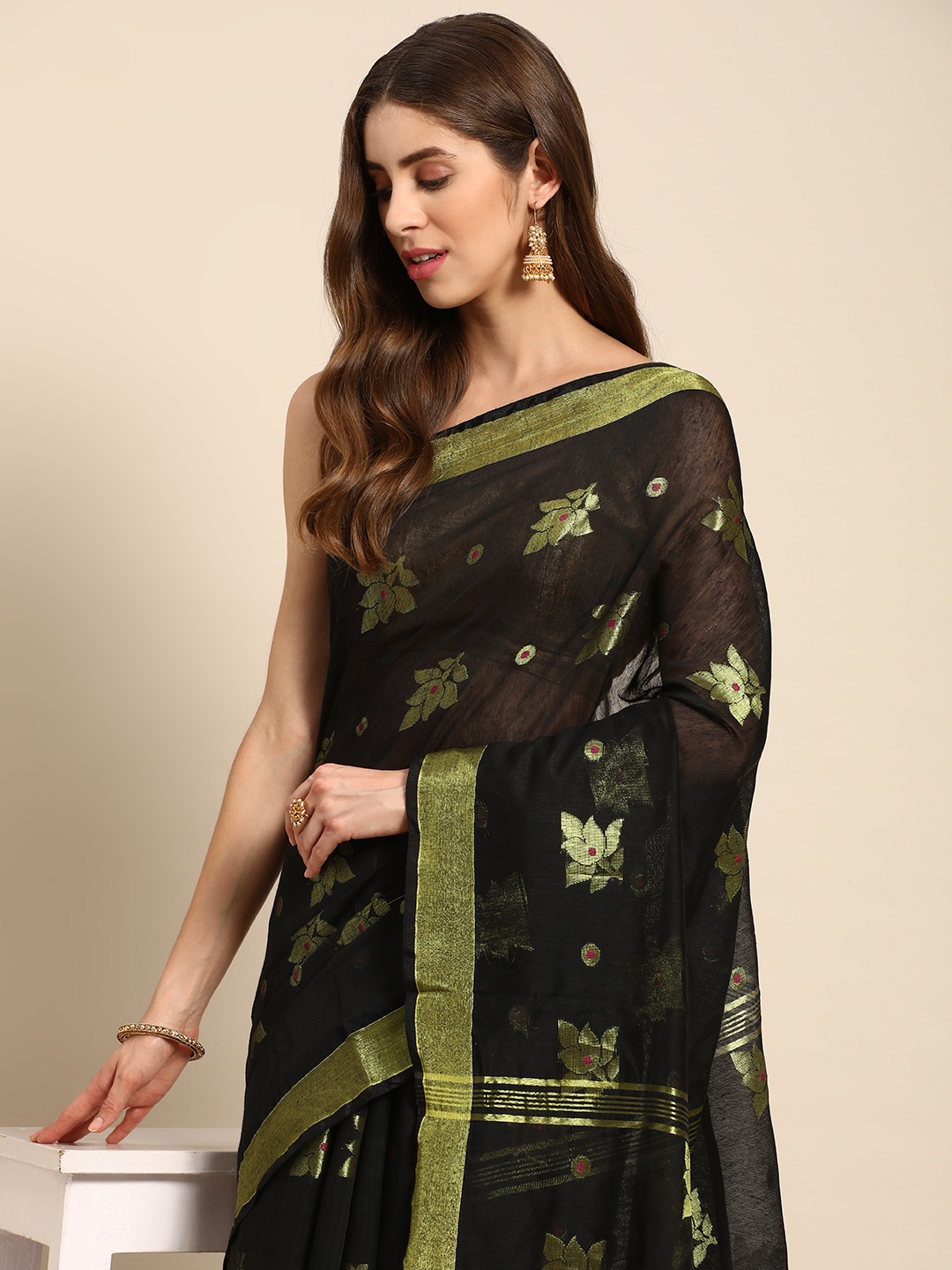 

DESH BIDESH Ethnic Motifs Zari Taant Saree, Black
