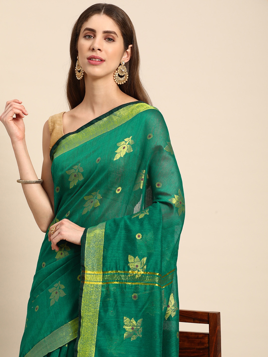 

DESH BIDESH Floral Zari Taant Saree, Turquoise blue