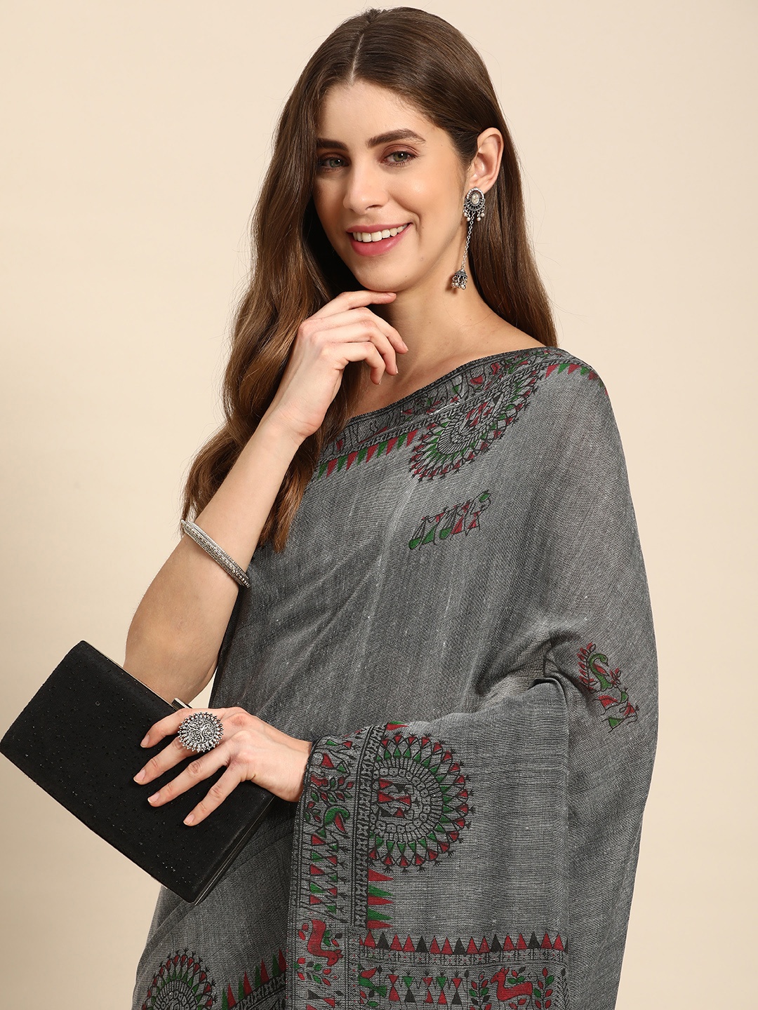 

DESH BIDESH Warli Pure Cotton Taant Saree, Grey