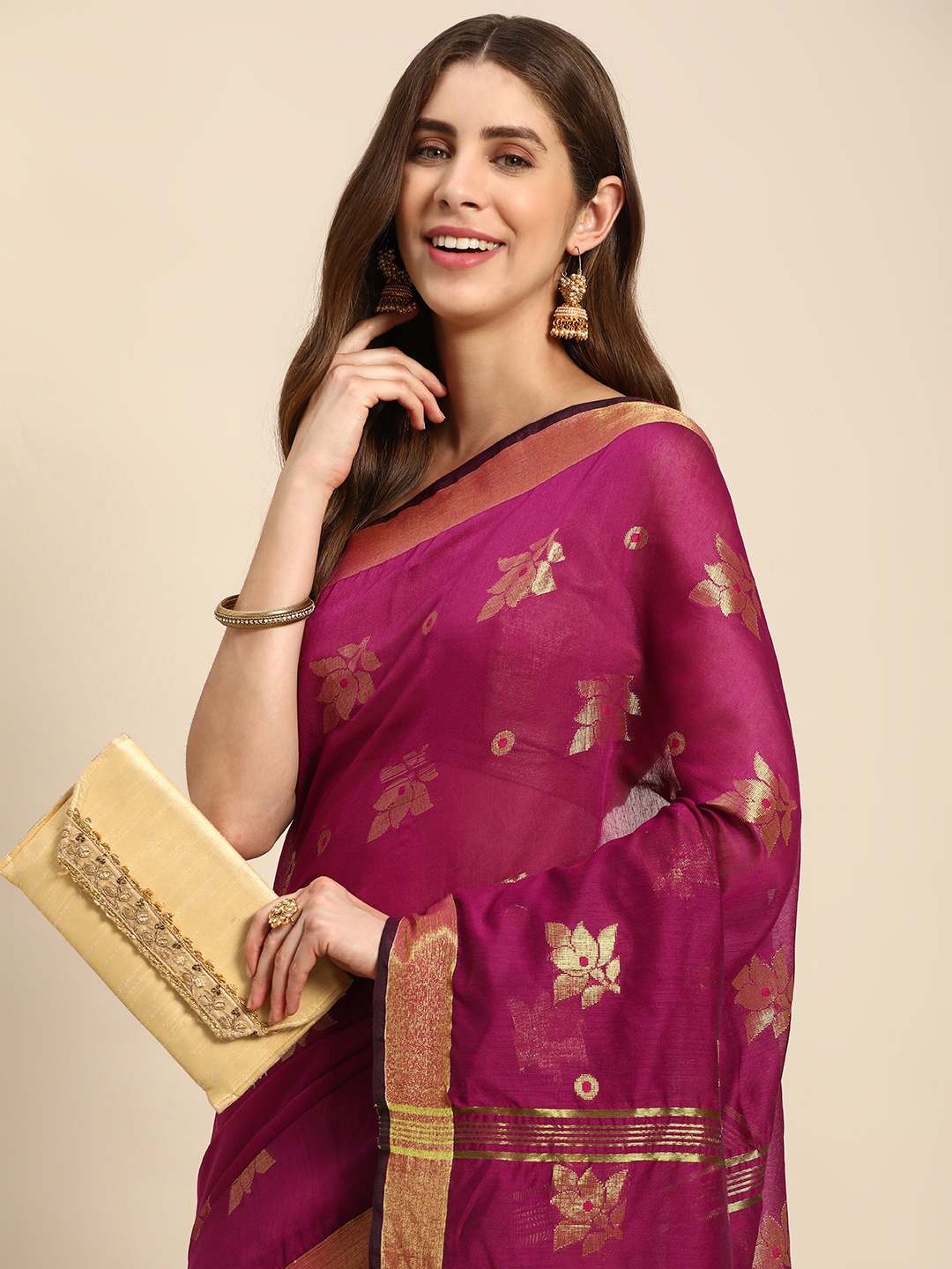 

DESH BIDESH Ethnic Motifs Zari Taant Saree, Brown