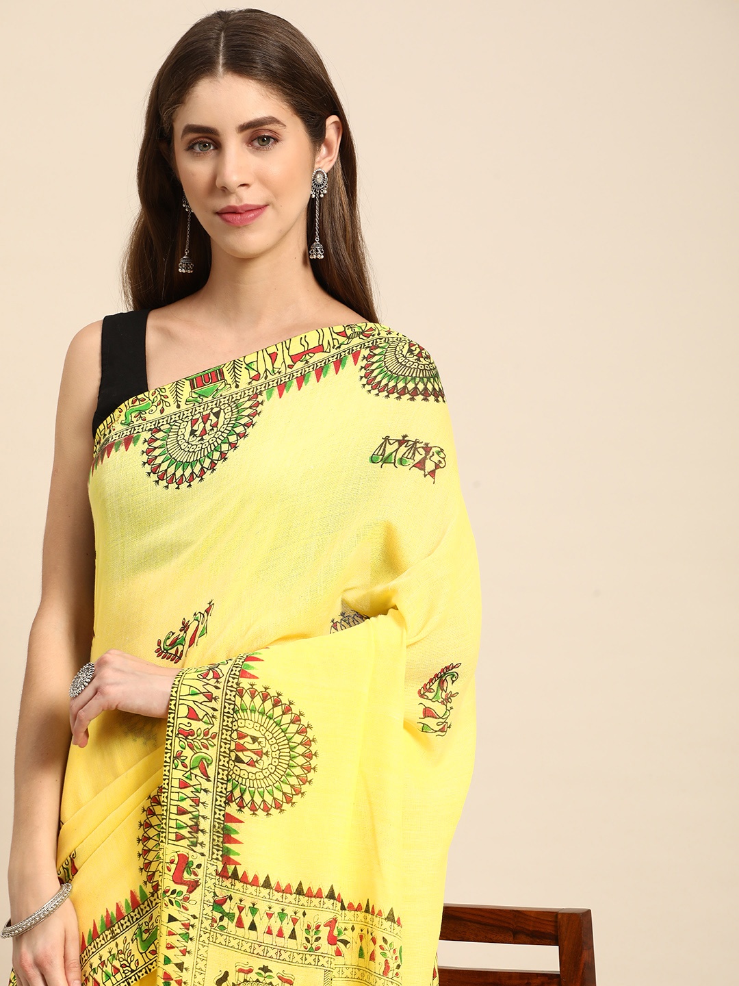 

DESH BIDESH Warli Pure Cotton Taant Saree, Yellow