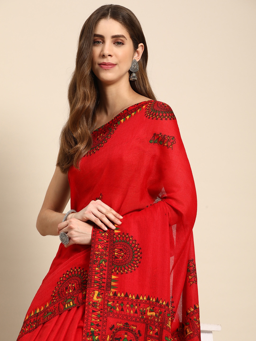 

DESH BIDESH Warli Pure Cotton Taant Saree, Red