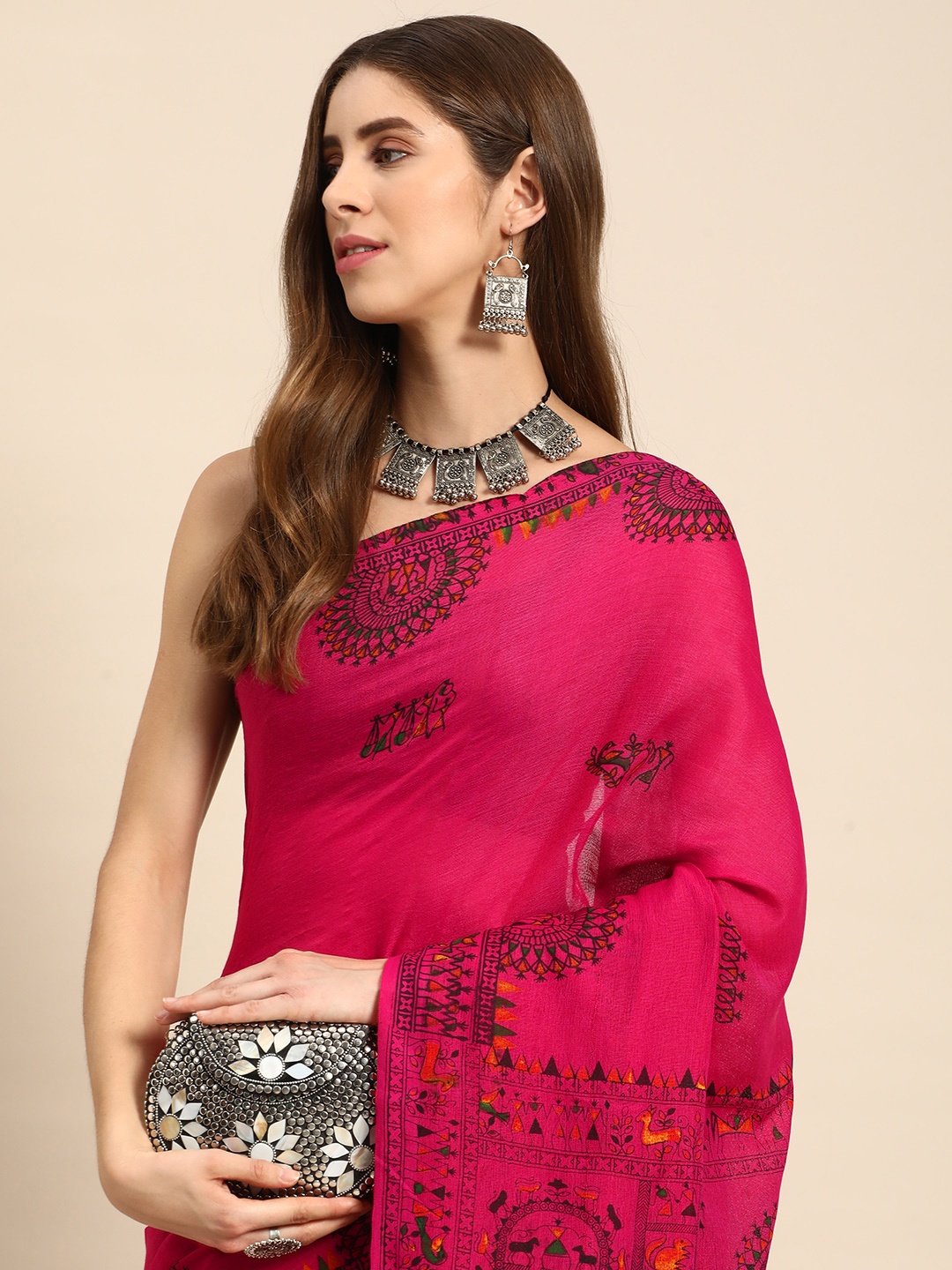 

DESH BIDESH Warli Pure Cotton Taant Saree, Pink
