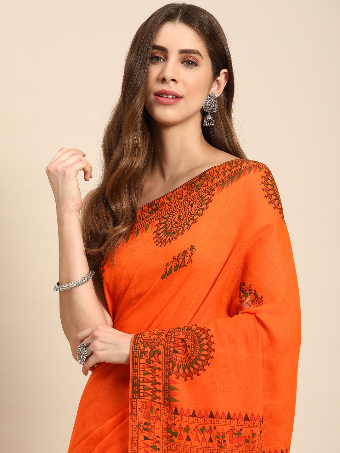 

DESH BIDESH Warli Pure Cotton Taant Saree, Orange
