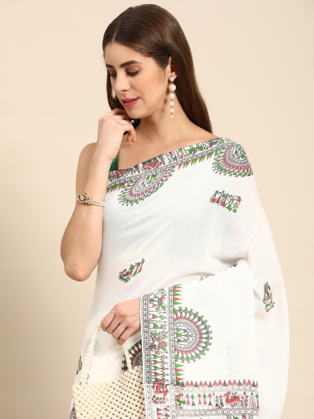 

DESH BIDESH Warli Pure Cotton Taant Saree, White