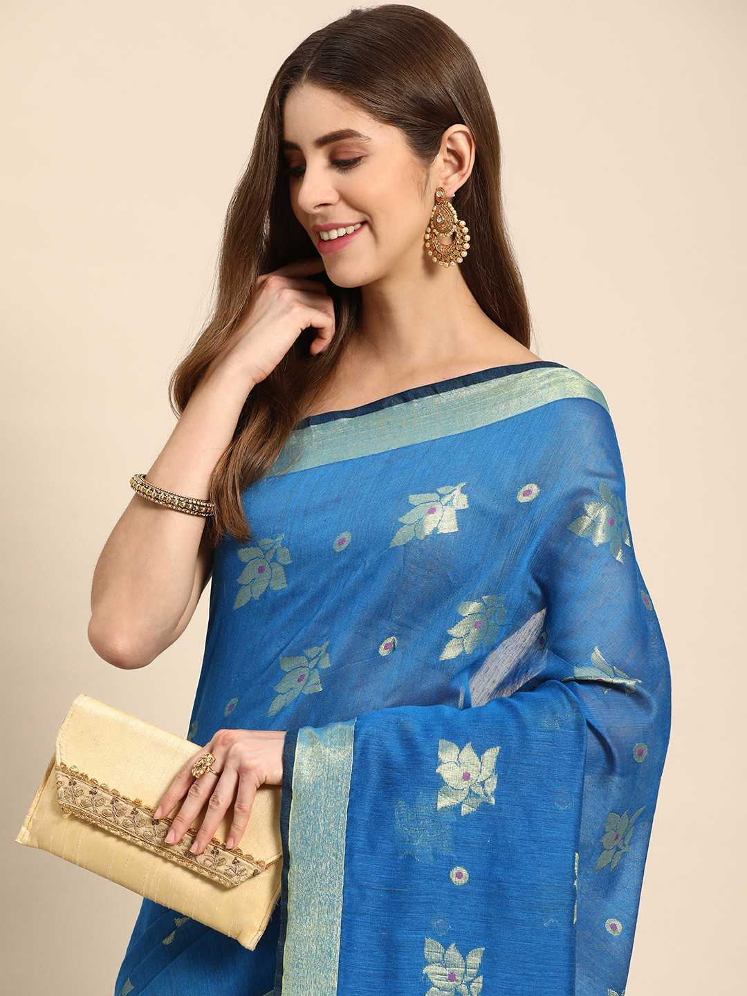 

DESH BIDESH Ethnic Motifs Zari Taant Saree, Blue