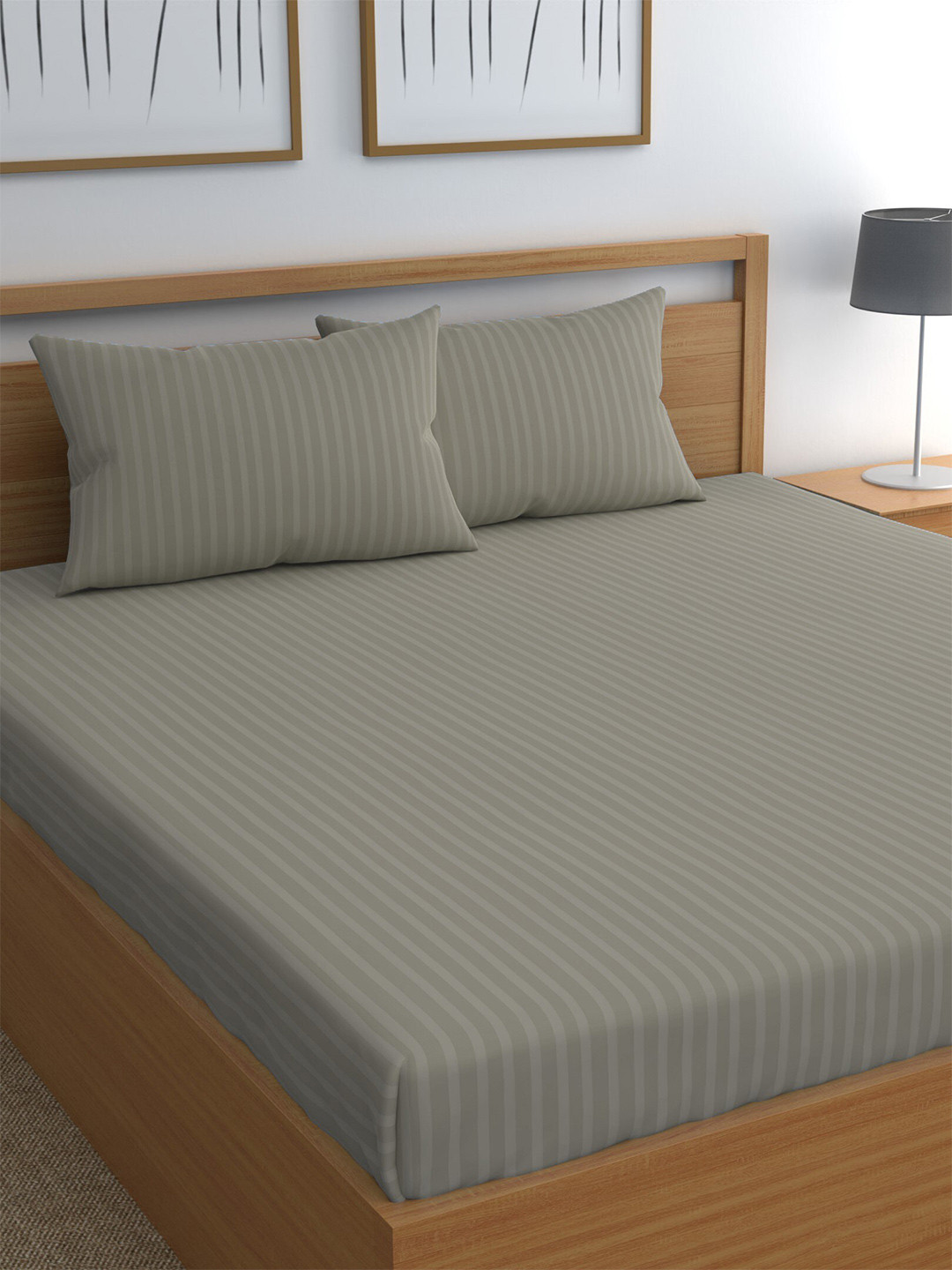 

CHHAVI INDIA Grey Striped 210 TC Queen Bedsheet & 2 Pillow Covers