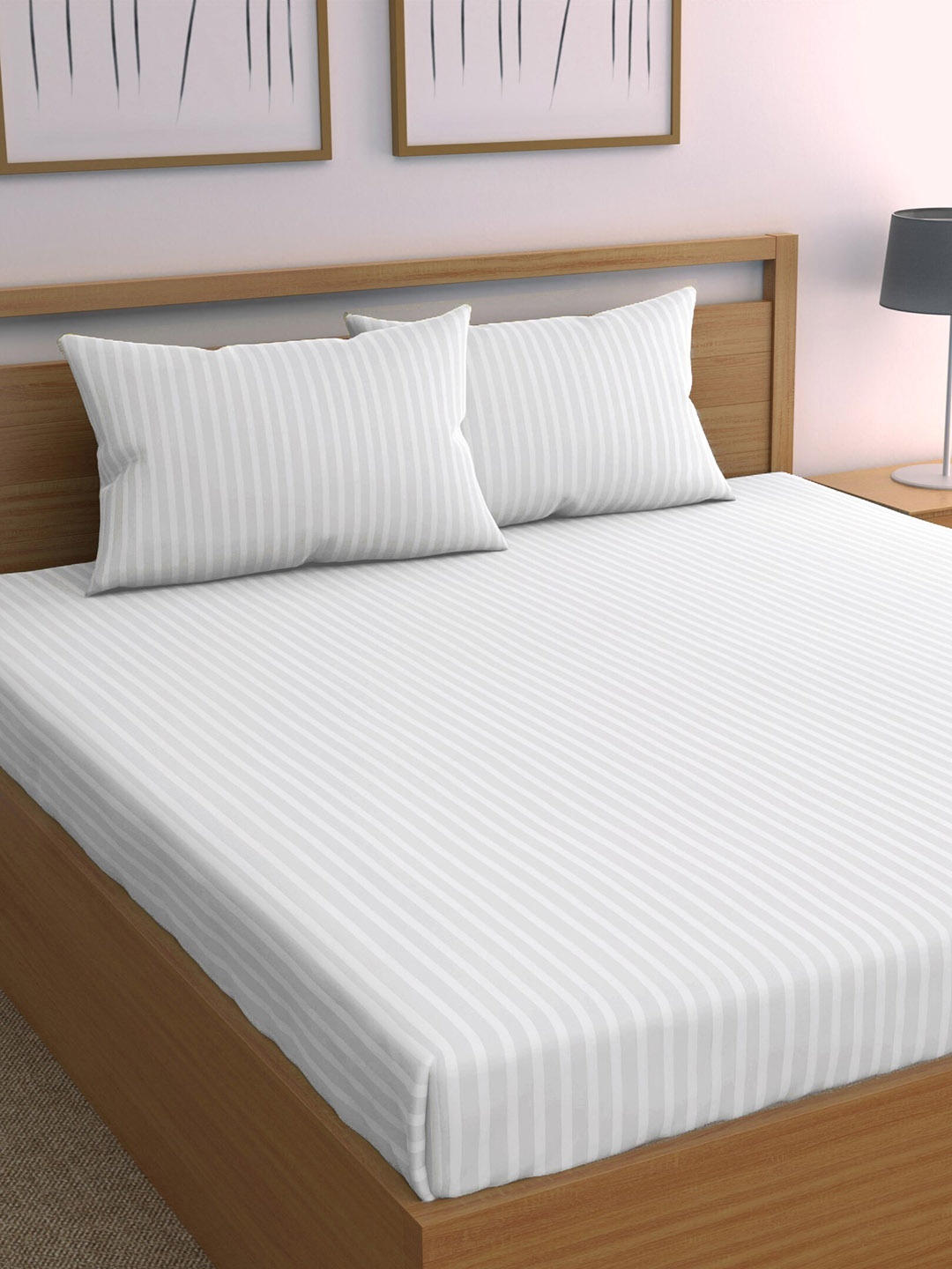 

CHHAVI INDIA White Striped 210 TC Queen Bedsheet & 2 Pillow Covers