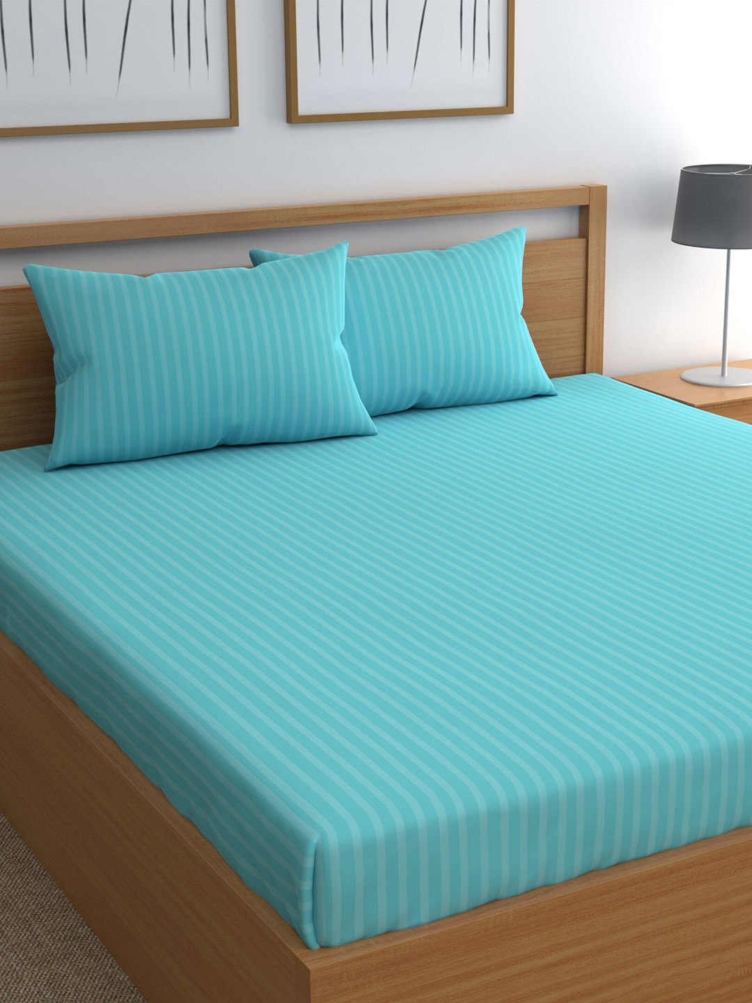 

CHHAVI INDIA Turquoise Blue Striped 210 TC Queen Bedsheet & 2 Pillow Covers