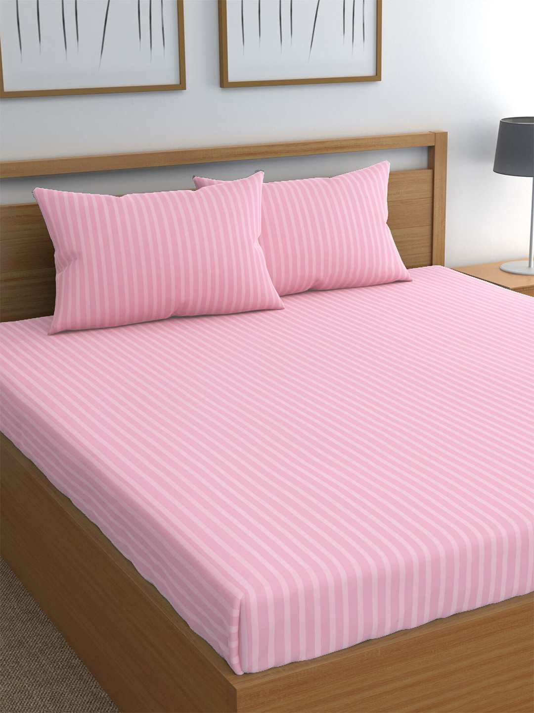 

CHHAVI INDIA Pink Striped 210 TC Queen Bedsheet & 2 Pillow Covers