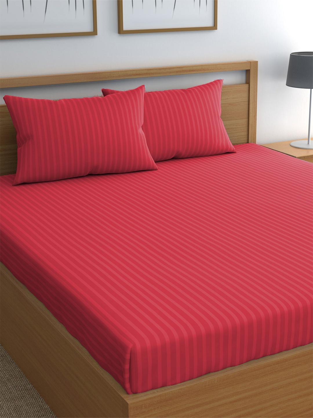 

CHHAVI INDIA Pink Striped 210 TC Queen Bedsheet & 2 Pillow Covers