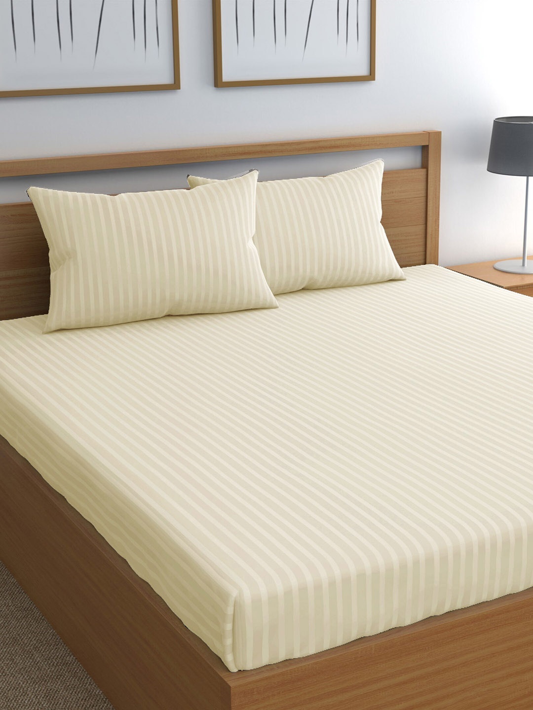 

CHHAVI INDIA Cream-Coloured Striped 210 TC Queen Bedsheet & 2 Pillow Covers