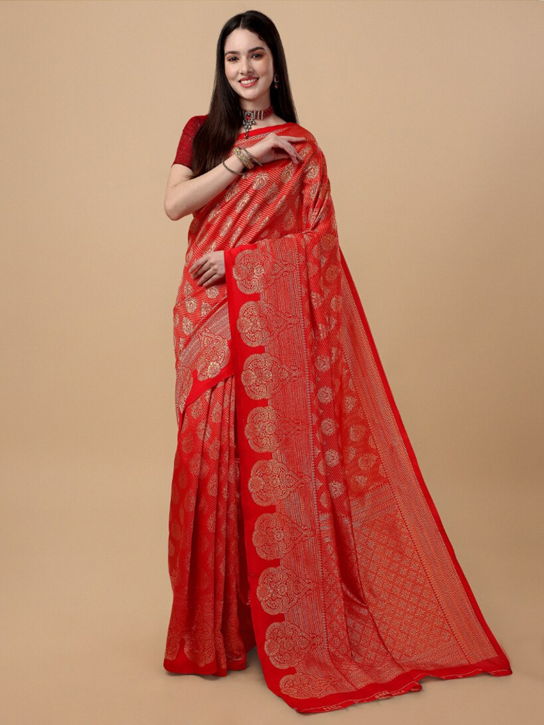 

Jinax Ethnic Motif Woven Design Zari Pure Silk Banarasi Saree, Red