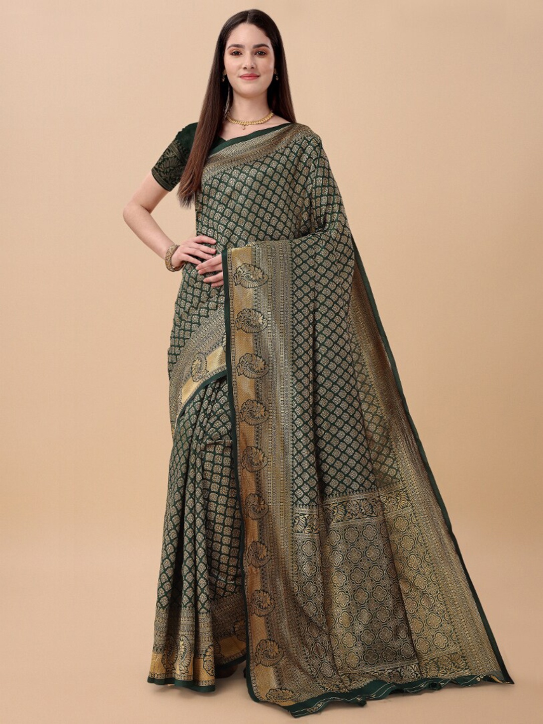 

Jinax Ethnic Motif Woven Design Zari Pure Silk Banarasi Saree, Green