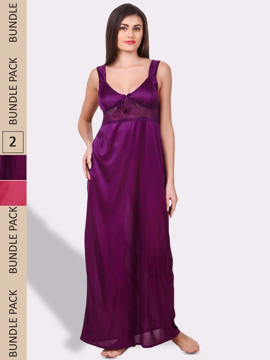 

Fasense Pack Of 2 Scoop Neck Satin Maxi Nightdress, Purple