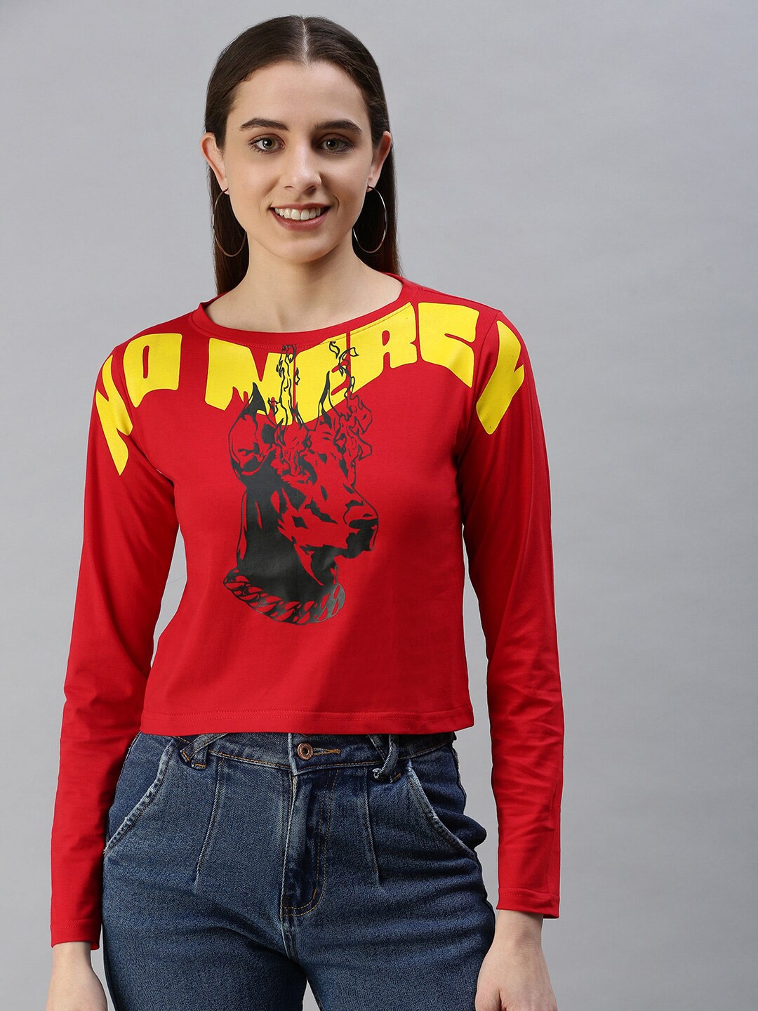 

JUNEBERRY Graphic Printed Long Sleeves Cotton Crop Top, Red