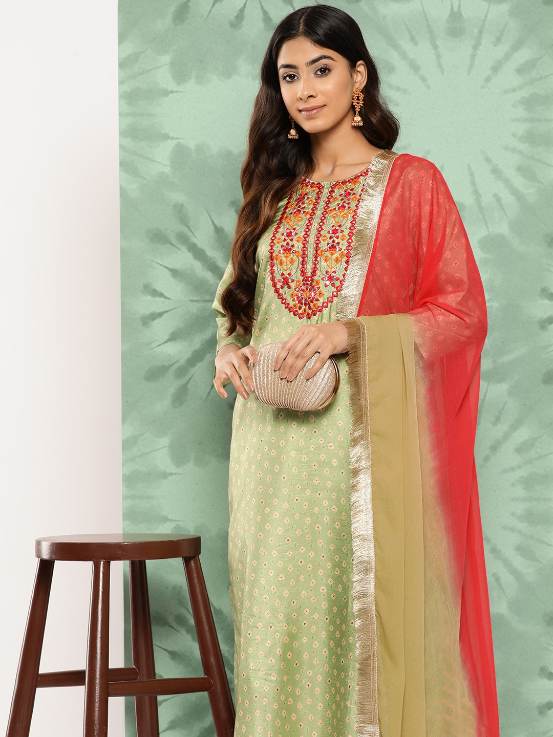 

Varanga Women Ethnic Motifs Embroidered Mirror Work Kurta with Trousers & With Dupatta, Olive