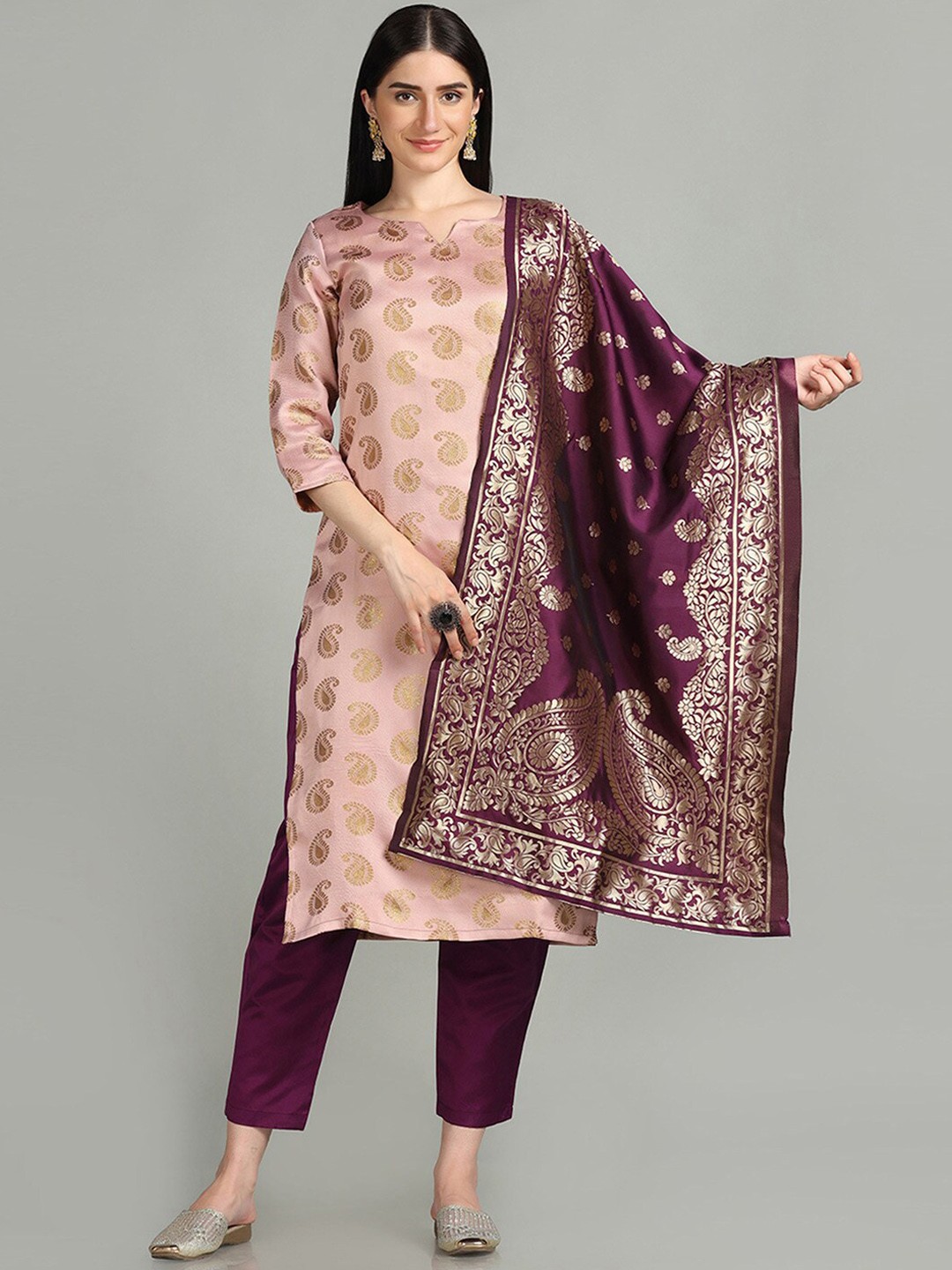 

HRITIKA Paisley Woven Design Zari Kurta & Trousers With Dupatta, Pink