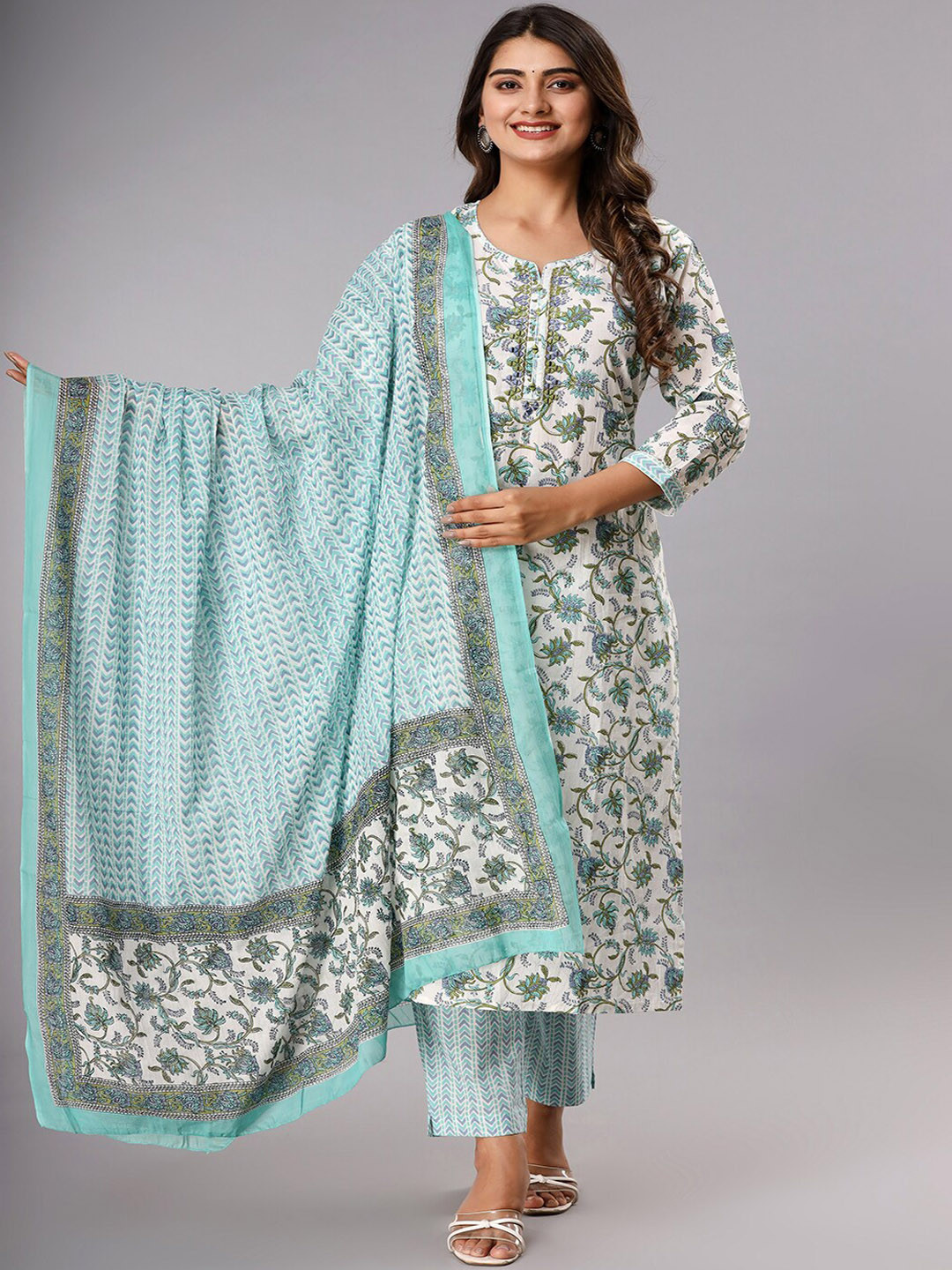 

gvs shoppe Floral Printed Mirror Work Pure Cotton Kurta & Trousers With Dupatta, White