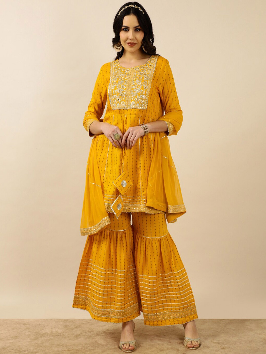 

gvs shoppe Geometric Printed Thread Work Kurta & Sharara With Dupatta, Mustard