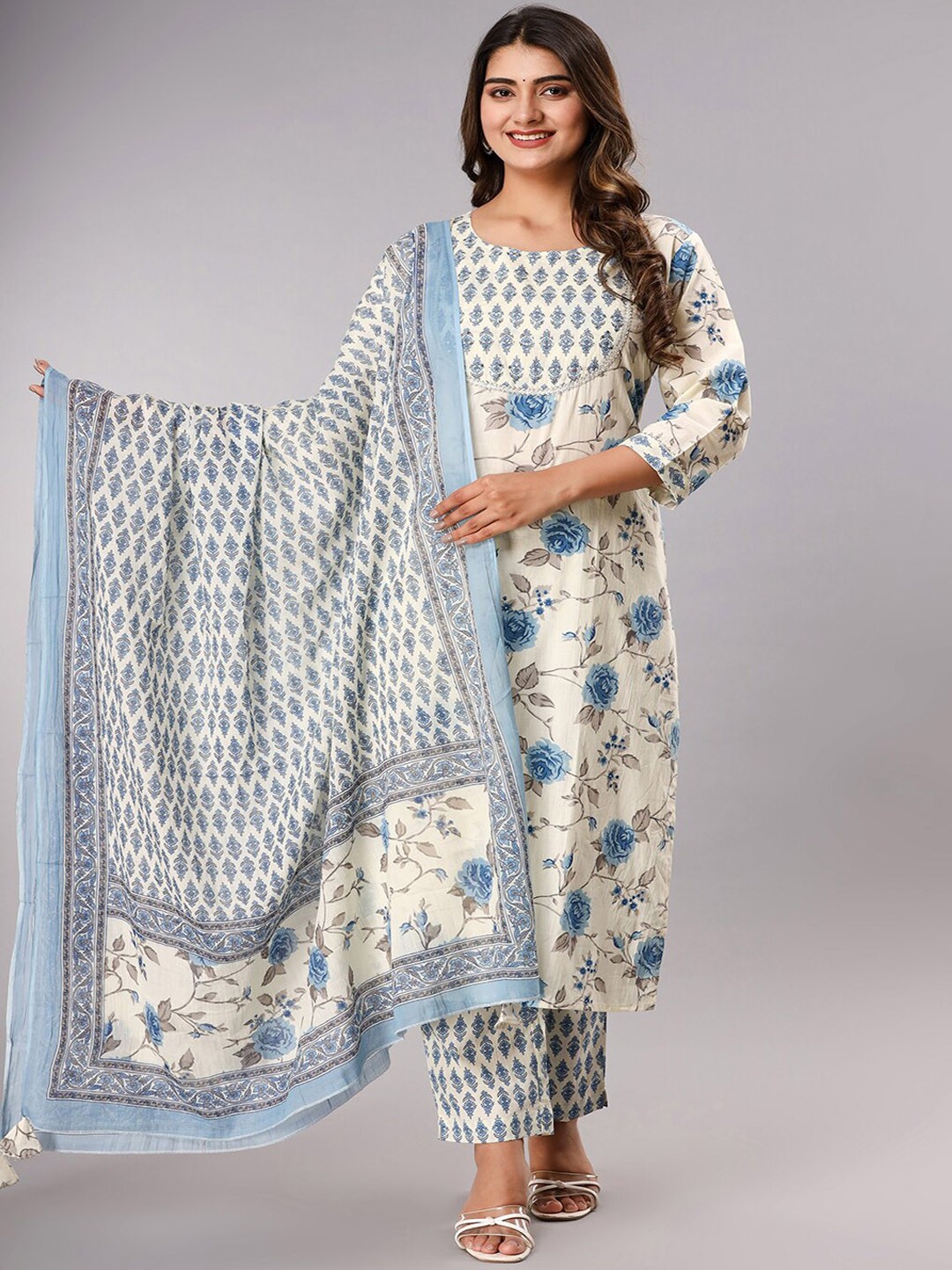 

gvs shoppe Floral Print Sequined Pure Cotton Kurta & Trousers With Dupatta, White