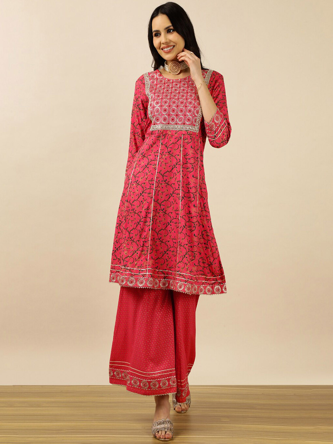 

gvs shoppe Floral Print Mirror Work A-Line Kurta & Sharara With Dupatta, Pink