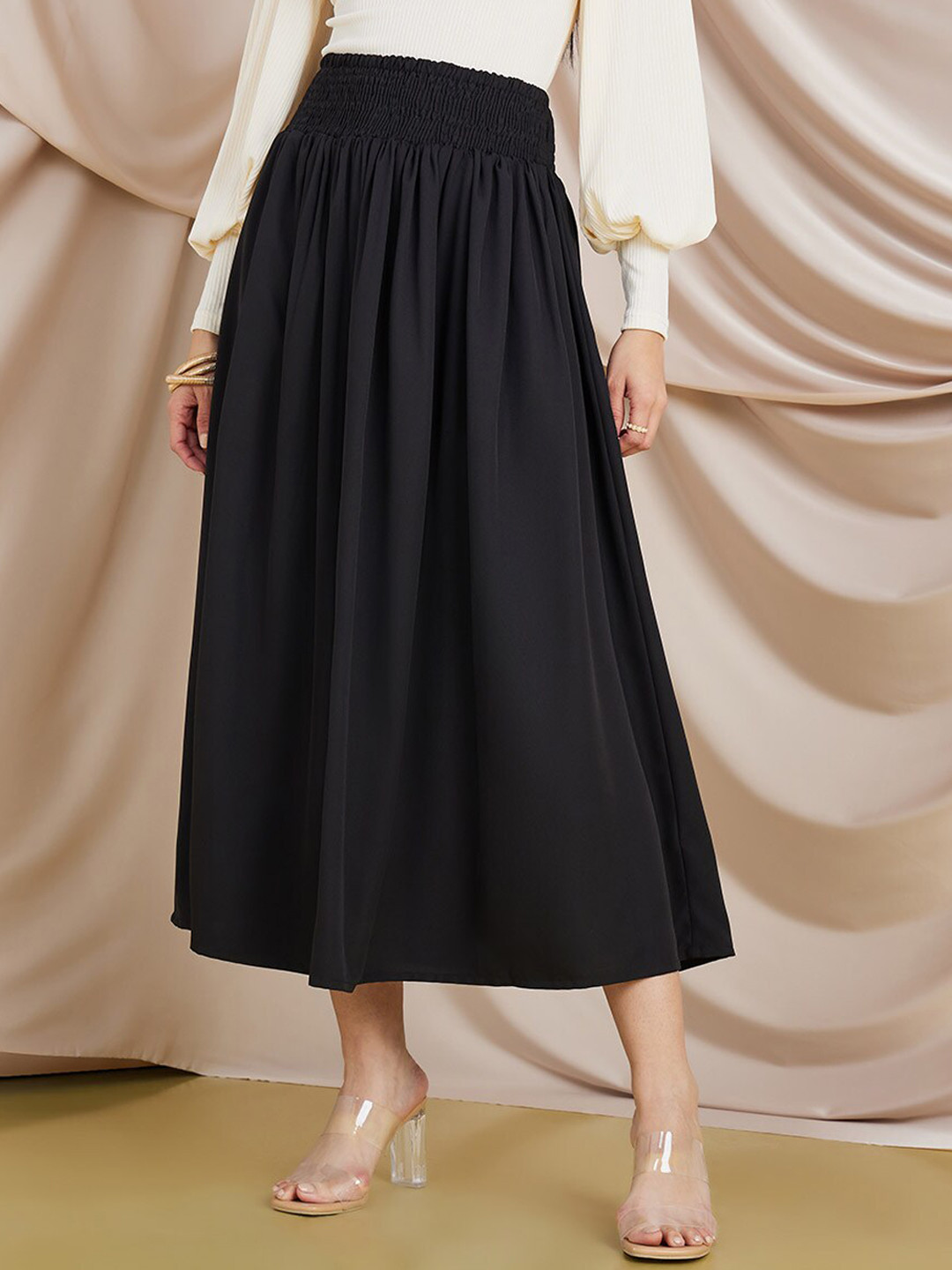 

Styli Black Smocked Flared Midi A-Line Skirt