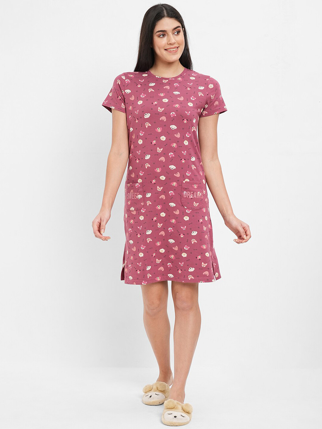 

Sweet Dreams Conversational Printed Cotton blend Nightdress, Maroon