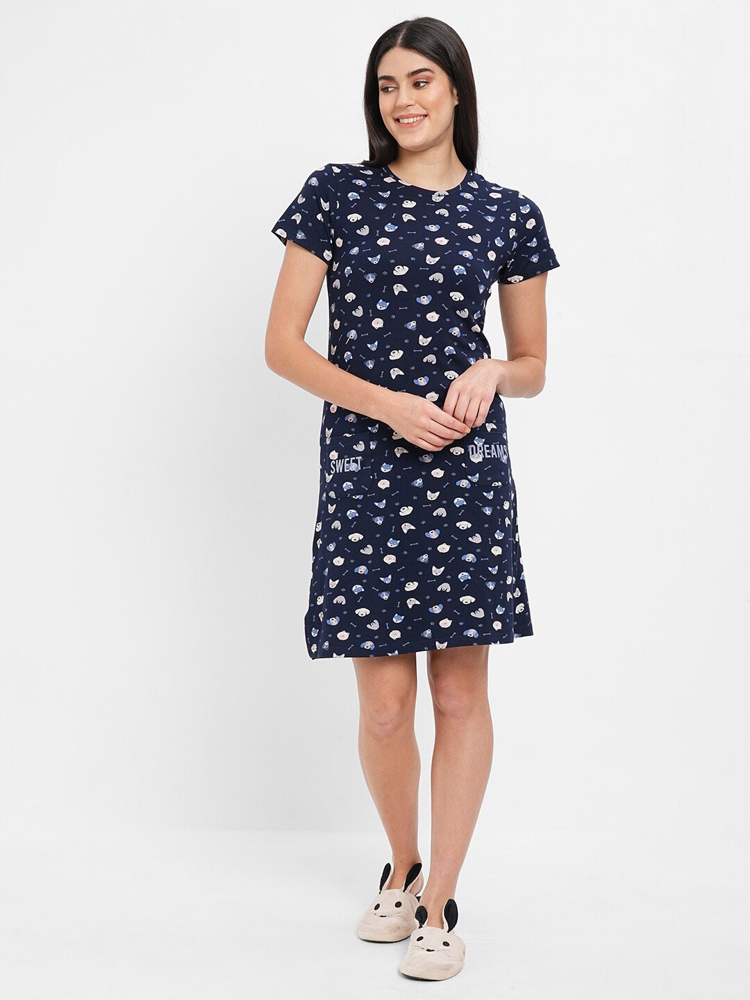 

Sweet Dreams Conversational Printed Nightdress, Navy blue